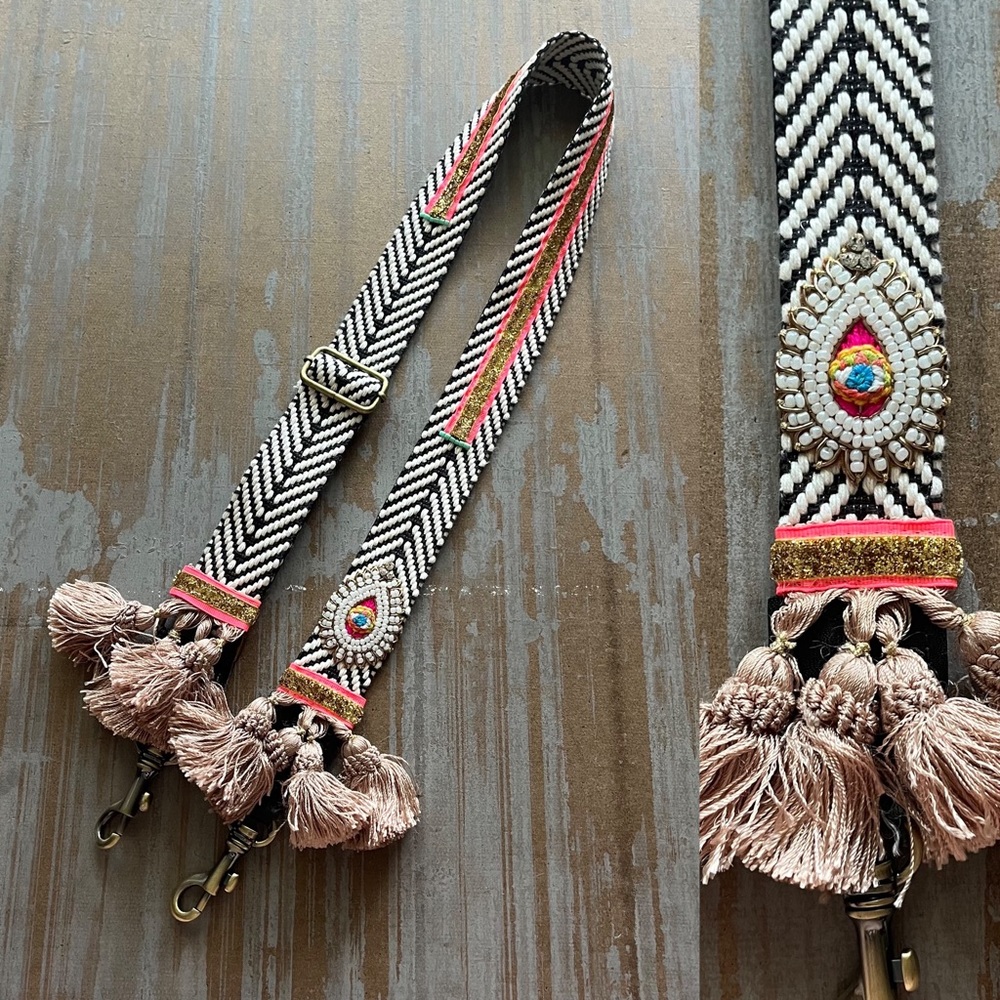 Carla Valencia Beaded Fringe Woven Knit Purse Strap Boho Preppy